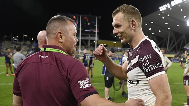 TOWNSVILLE, AUSTRALIA - JULY 06: Sea Eagles coach Anthony Seibold celebrates with Tom Trbojevic of the Sea Eagles after winning the round 18 NRL match between North Queensland Cowboys and Manly Sea Eagles at Qld Country Bank Stadium, on July 06, 2024, in Townsville, Australia. (Photo by Ian Hitchcock/Getty Images)