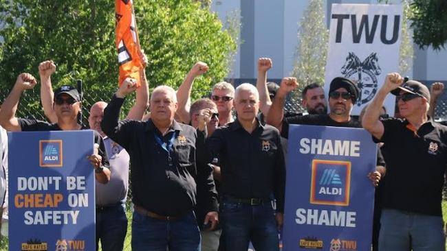 Union workers with the TWU protest Aldi. Picture: Supplied