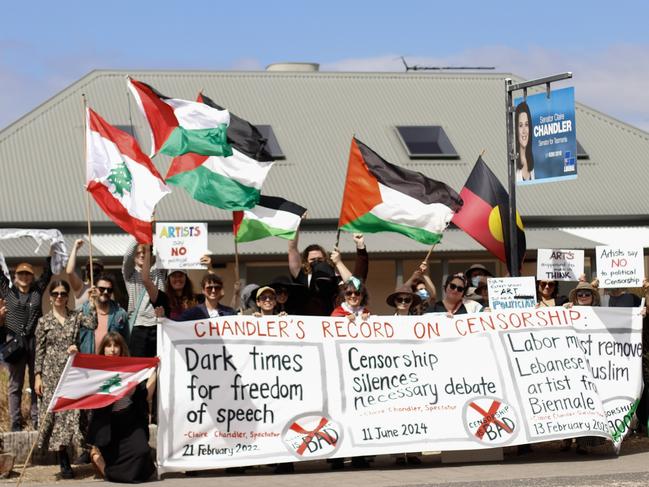 Supplied image of protest outside Liberal Senator Claire Chandler's office at Richmond Tasmania on Thursday, February 27, 2025. PHOTO: Kristy Alger