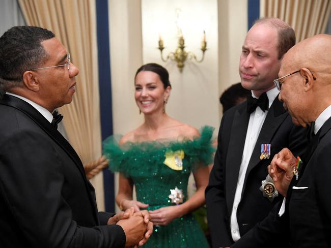 Prime Minister of Jamaica Andrew Holness, Catherine, Duchess of Cambridge, Prince William, Duke of Cambridge and Governor-general of Jamaica Patrick Allen. Picture: Getty Images