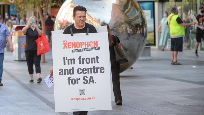 Nick Xenophon handing out election pamphlets in Rundle Mall in March 2022. Picture: Brenton Edwards