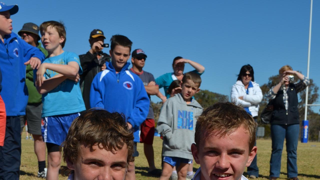 PREMIERS: Player of the final Angus Croft and captain Harry Sullivan after a Collegians under-14 junior rugby league premiership win. Photo Toni Somes / Warwick Daily News