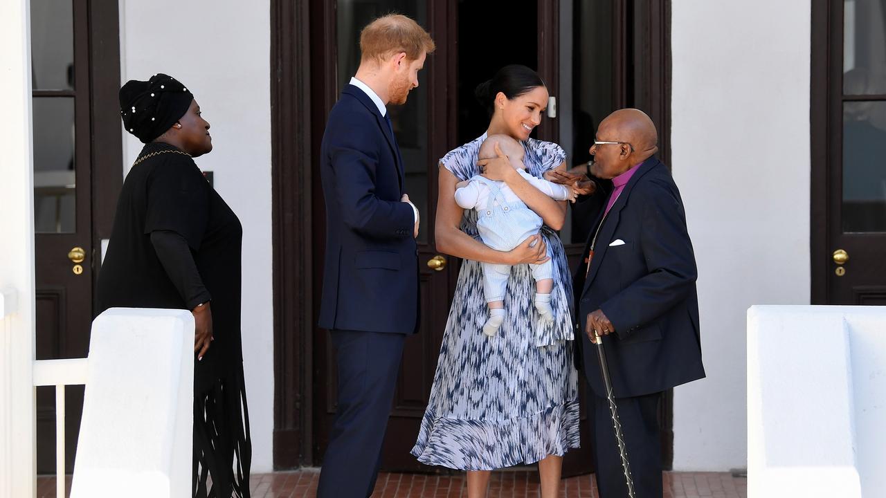 Prince Harry, Duke of Sussex, Meghan, Duchess of Sussex and their baby son Archie Mountbatten-Windsor meet Archbishop Desmond Tutu and his daughter Thandeka Tutu-Gxashe in Cape Town, South Africa. (Photo by Toby Melville – Pool/Getty Images)