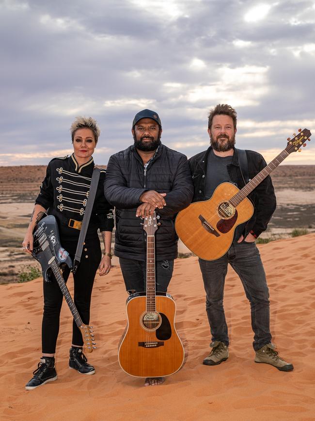 Singer-songwriters Sarah McLeod, Jeremy Marou and Thomas Busby at the Big Red Bash music festival in western Queensland on July 5, 2021. Picture: Matt Williams