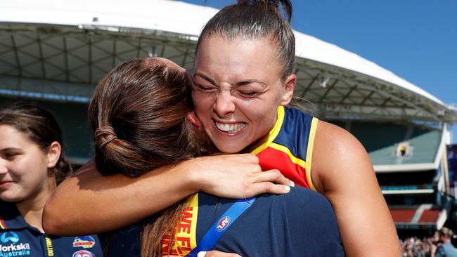 Ebony Marinoff of the Crows celebrates during the 2022 AFLW Grand Final. Picture: Dylan Burns / Getty Images