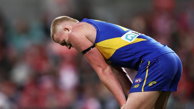 SYDNEY, AUSTRALIA - JUNE 24: Reuben Ginbey of the Eagles looks dejected after a Swans goal during the round 15 AFL match between Sydney Swans and West Coast Eagles at Sydney Cricket Ground, on June 24, 2023, in Sydney, Australia. (Photo by Matt King/AFL Photos/via Getty Images )