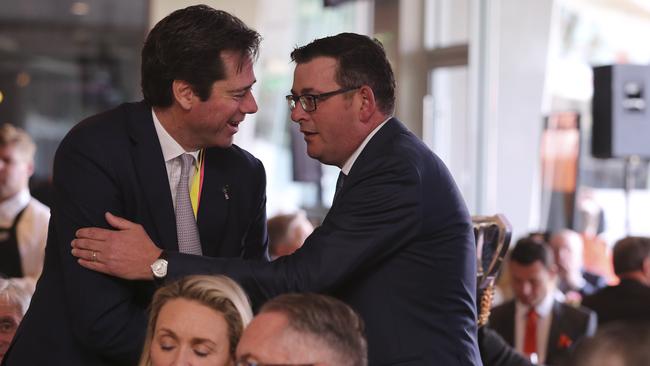 Victorian Premier Daniel Andrews (right) catches up with AFL CEO Gillion McLachlan at the 2019 AFL Grand Final function at the MCG. Picture: Wayne Taylor