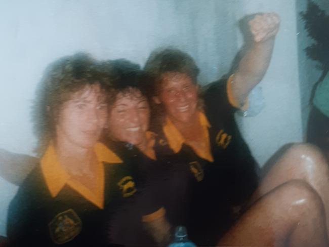 Matildas Julie Dolan, Kim Lembryk and Julie Murray after beating Brazil 1-0.