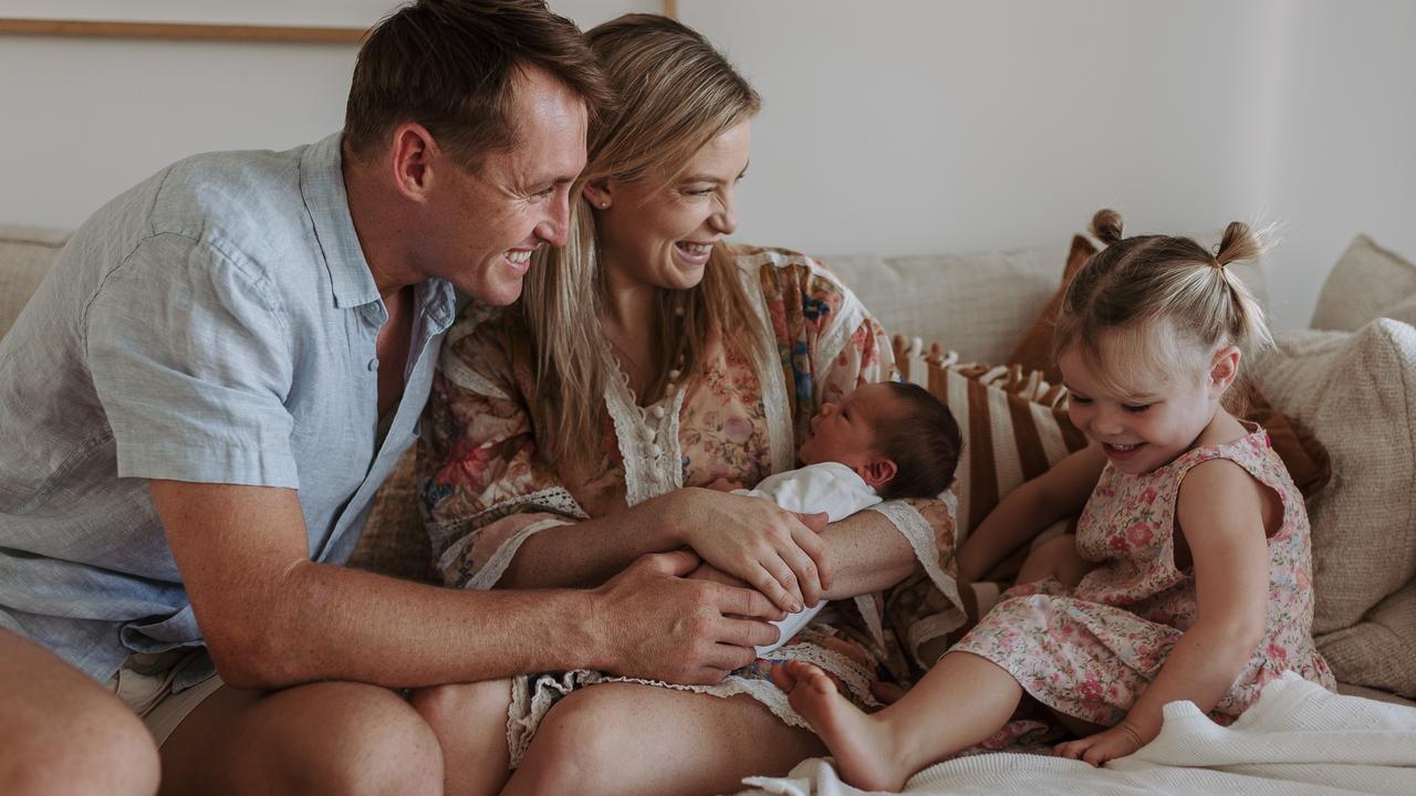 Marnus and Bek Labuschagne and daughter Hallie with newborn Judah