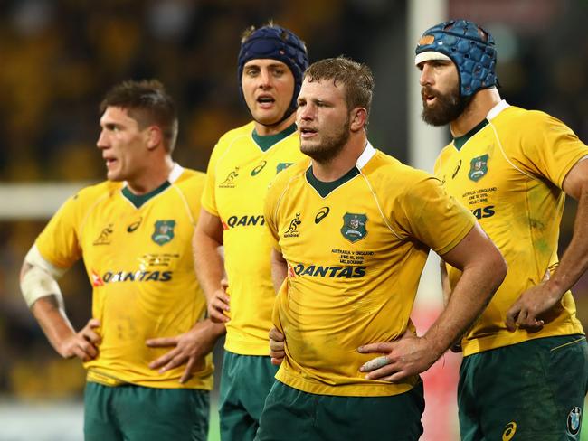 MELBOURNE, AUSTRALIA - JUNE 18: James Slipper of the Wallabies and team mates look on during the International Test match between the Australian Wallabies and England at AAMI Park on June 18, 2016 in Melbourne, Australia.  (Photo by Cameron Spencer/Getty Images)