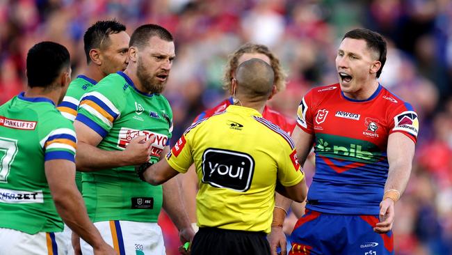 Tyson Gamble of the Knights claimed he was bitten on the arm during the elimination final against the Canberra Raiders in 2023. Picture: Getty Images