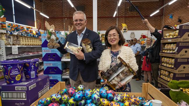 Prime Minister Scott Morrison is well ready for Easter Sunday with Ms Gladys Liu, member for Chisholm. Picture: Jason Edwards