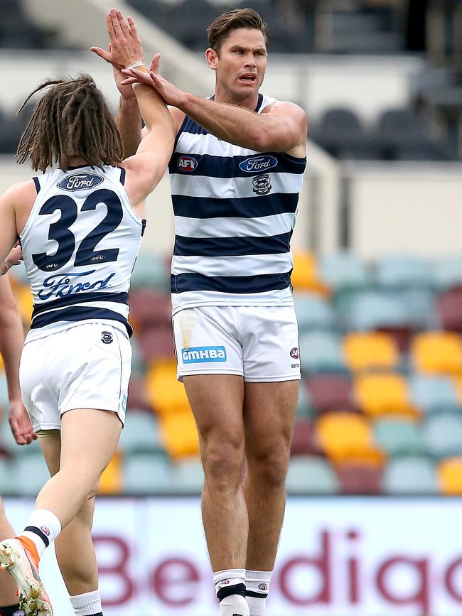 Geelong’s Tom Hawkins celebrates a goal against Essendon. Picture: Getty Images