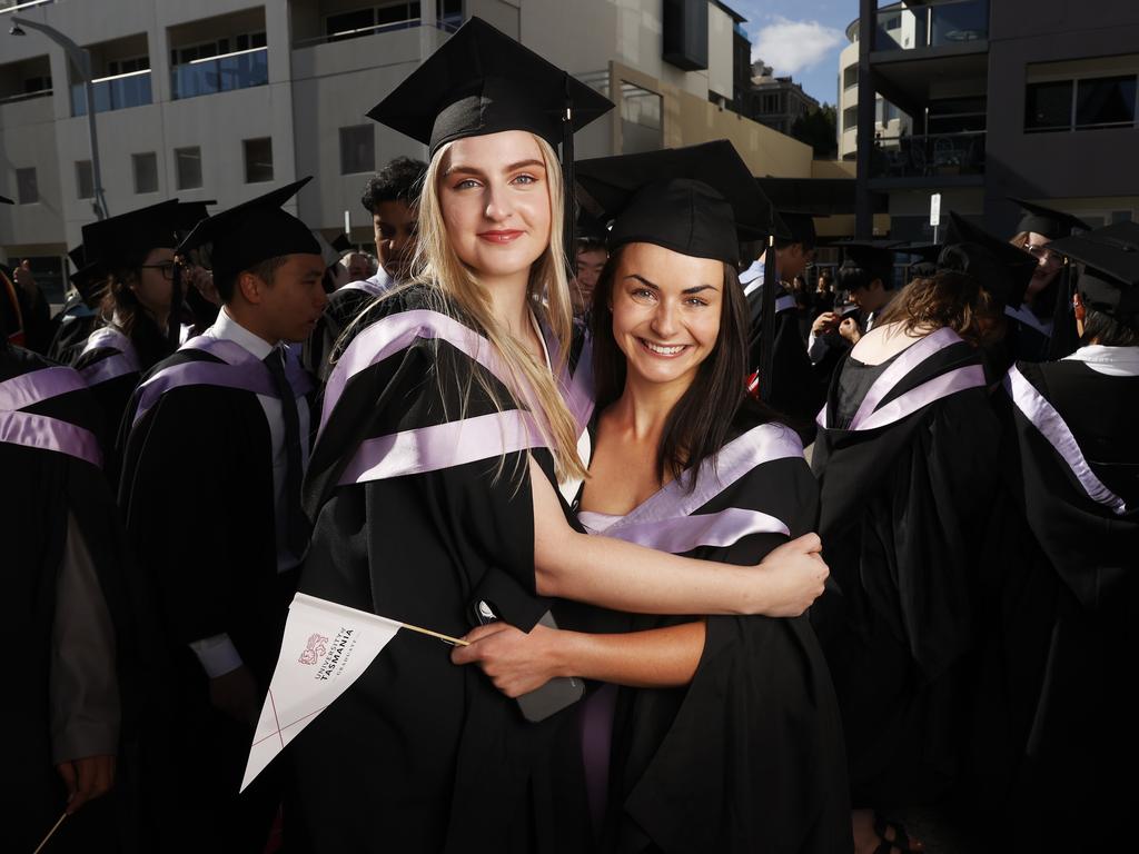 Sarah Gourlay, 22, graduated with Bachelor of Medicine and Celine Debicki, 26, who graduated with a Bachelor of Medicine and Bachelor of Surgery. Both took part in the UTAS Town and Gown parade. Picture: Nikki Davis-Jones