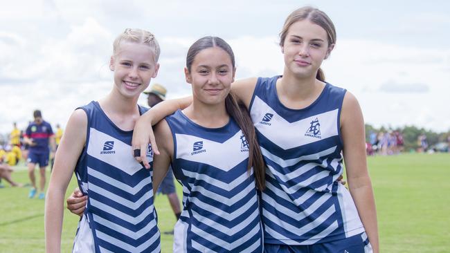 Gold Coast Titans QLD All Schools Touch Football Tournament at the Gold Coast Performance Centre, Runaway Bay on Wednesday 5 October 2022. Sarah Cosman, Lilli-Ava Ioane, Lilia Watts from Emmanuel College. Picture: Jerad Williams