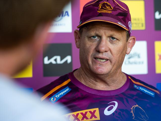 Brisbane coach Kevin Walters chats to the media before the clash against Parramatta at TIO Stadium on Friday night. Picture: Che Chorley