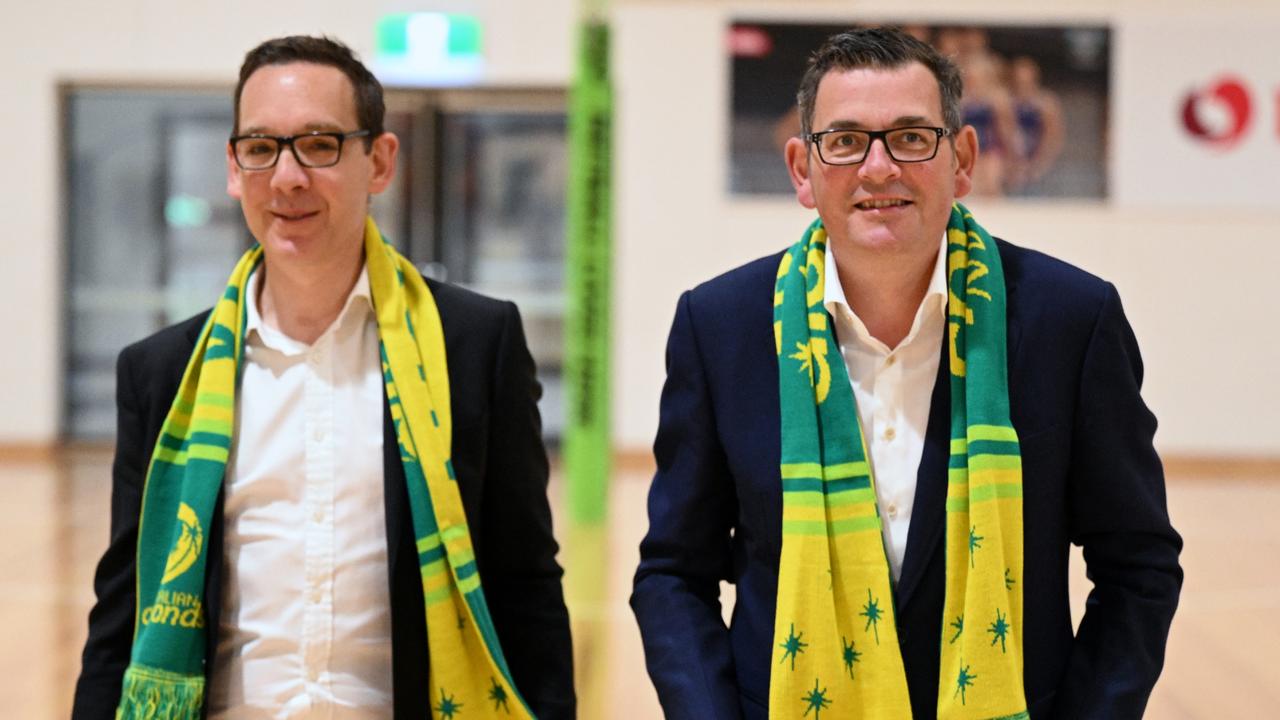 Steve Dimopoulos (left) and Victorian Premier Daniel Andrews at a press conference to announce the state’s partnership with the Diamonds.