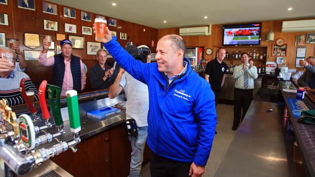 Treasurer Josh Frydenberg returns to the Auburn Bowls club in Hawthorn to make good on a pre-election promise to shout the bar if he was successfully re-elected. Picture: Aaron Francis, The Australian