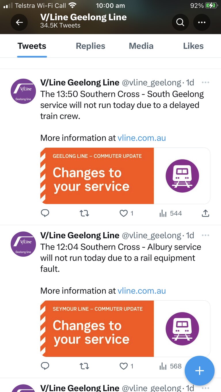 A recent tweet sent from V/Line regarding changed services.