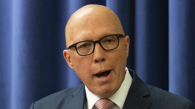 CANBERRA, AUSTRALIA - MARCH 14: The Leader of the Opposition Peter Dutton and the Shadow Minister for Defence Andrew Hastie hold a press conference to discuss the Aukas announcement at Parliament house in Canberra. Picture: NCA NewsWire / Martin Ollman