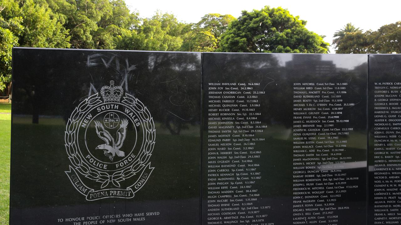 “Evil” was allegedly scribbled onto the monument. Picture: NewsWire/ Gaye Gerard