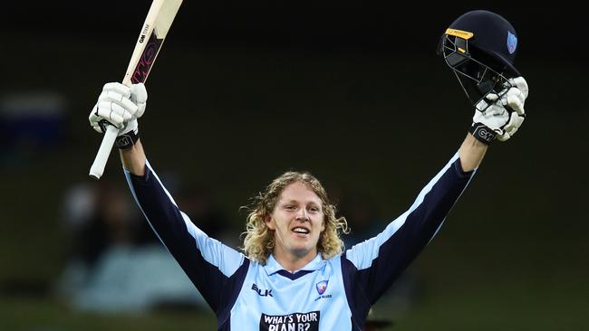 Jack Edwards of the Blues celebrates scoring his century during the JLT One-Day Cup. Picture: AAP Image