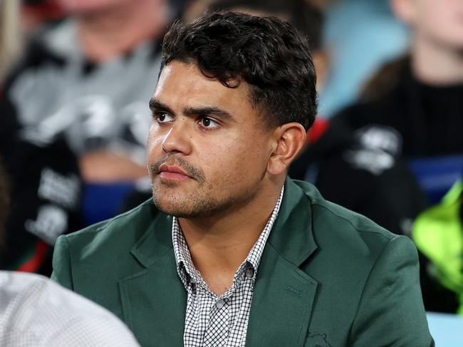 SYDNEY, AUSTRALIA - APRIL 13: Latrell Mitchell of the Rabbitohs looks on during the round six NRL match between South Sydney Rabbitohs and Cronulla Sharks at Accor Stadium, on April 13, 2024, in Sydney, Australia. (Photo by Brendon Thorne/Getty Images)