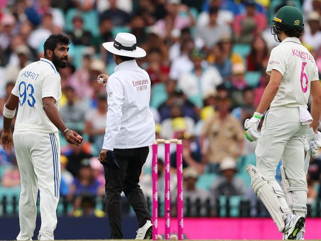 Jasprit Bumrah and Sam Konstas were seperated by the umpire on day one at the SCG. Picture: Cameron Spencer/Getty Images