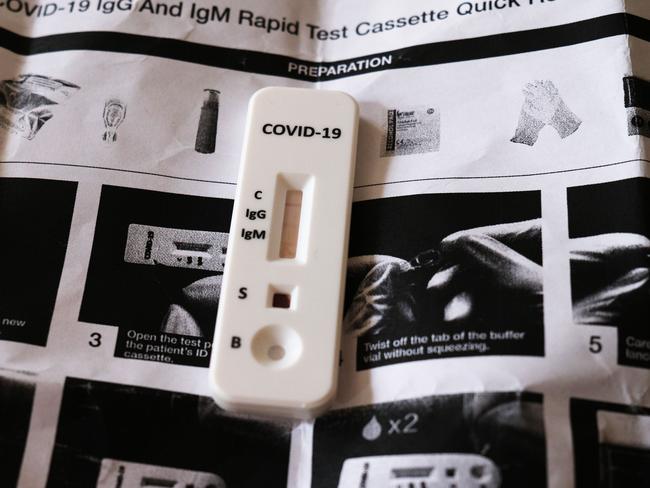 A COVID-19 IgG and IgM Rapid Test Cassette in New York City. The take-home test states it can tell a person if they have the novel coronavirus antibodies in their system. Picture: AFP