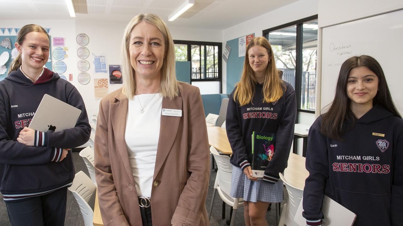 Mitcham Girls school ranked highly in NAPLAN and student numbers have grown by 40 per cent in the past five years. Principal Rosie Heinicke with Year 12 Students Annabel, Hollie and Sarah. Picture: Brett Hartwig