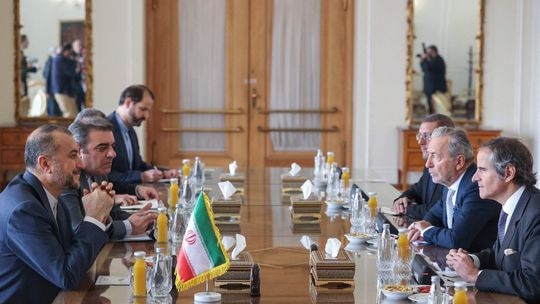 Iranian Foreign Minister Hossein Amir-Abdollahian, left, met with International Atomic Energy Agency chief Rafael Grossi to discuss Tehran’s nuclear activities in March. Picture: Getty Images