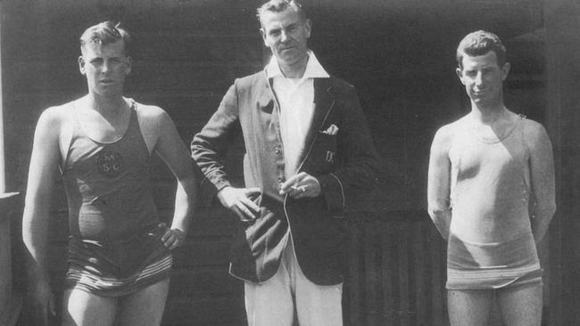 Boy Charlton, his father Oswald and coach Tommy Adrian in early 1924. Picture: Murray Charlton