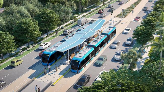 An artist's impression of trackless trams, which have been proposed for Rowville.