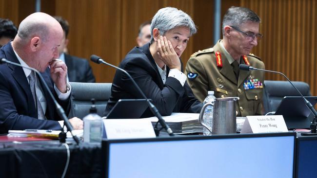 Defence secretary Greg Moriarty, Senator Penny Wong and chief of the Defence Force General Angus Campbell appeared before senate estimates. Picture: NCA NewsWire / Gary Ramage