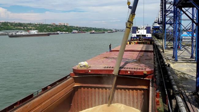 Wheat is loaded aboard a cargo ship in the Russian port of Rostov-on-Don to be shipped to Turkey. Picture: AFP