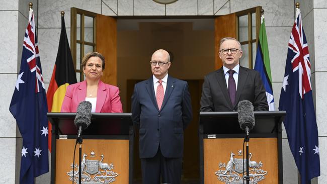 Anthony Albanese and Communications Minister Michelle Rowland appointed Kim Williams as ABC chair at Parliament House in Canberra in January. Picture: Martin Ollman