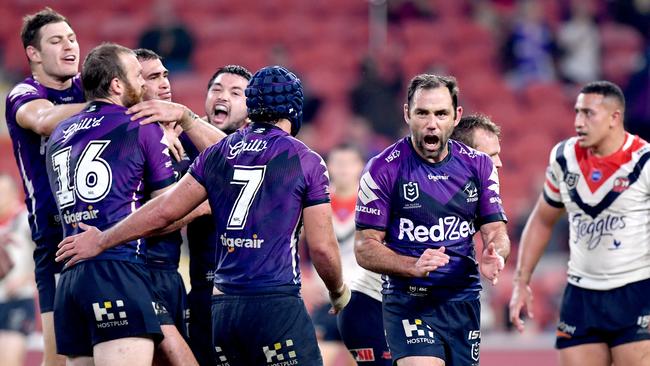 Cameron Smith celebrates the Storm’s comeback win against the Roosters.