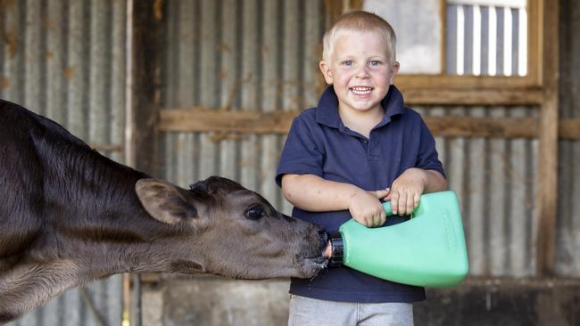 Sid Jackson helps feed the animals at his family farm in Coolagolite NSW. Picture: Kim Storey