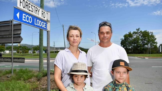 Landsborough residents Lee Baxter and Yasmin Parr with Malakai, and Isaiah at the intersection of Caloundra St and Forestry Rd. Picture: Patrick Woods.