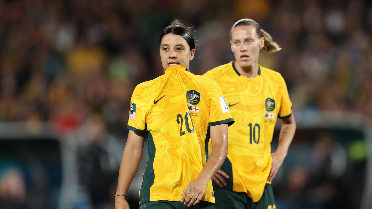 SYDNEY, AUSTRALIA - AUGUST 16: Sam Kerr of Australia reacts after a missed chance during the FIFA Women's World Cup Australia &amp; New Zealand 2023 Semi Final match between Australia and England at Stadium Australia on August 16, 2023 in Sydney, Australia. (Photo by Brendon Thorne/Getty Images)