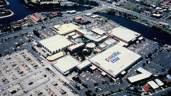 An aerial photo of Pacific Fair in the 1980s when it had a series of giant carparks.