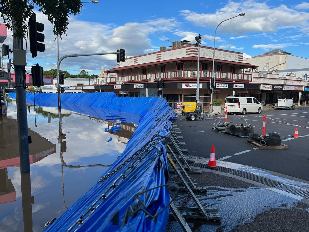 The levee is holding the floodwaters out of Maryborough CBD.