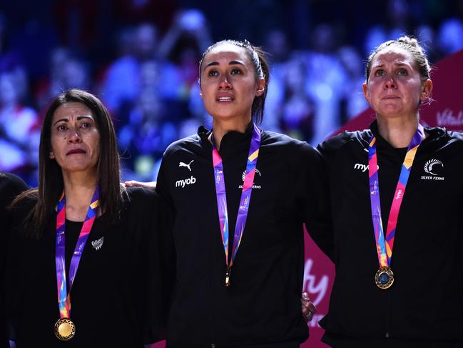 Casey Kopua (right), alongside Maria Folau and then-coach Noeline Taurua, after winning the 2019 Netball World Cup. Picture: Getty Images