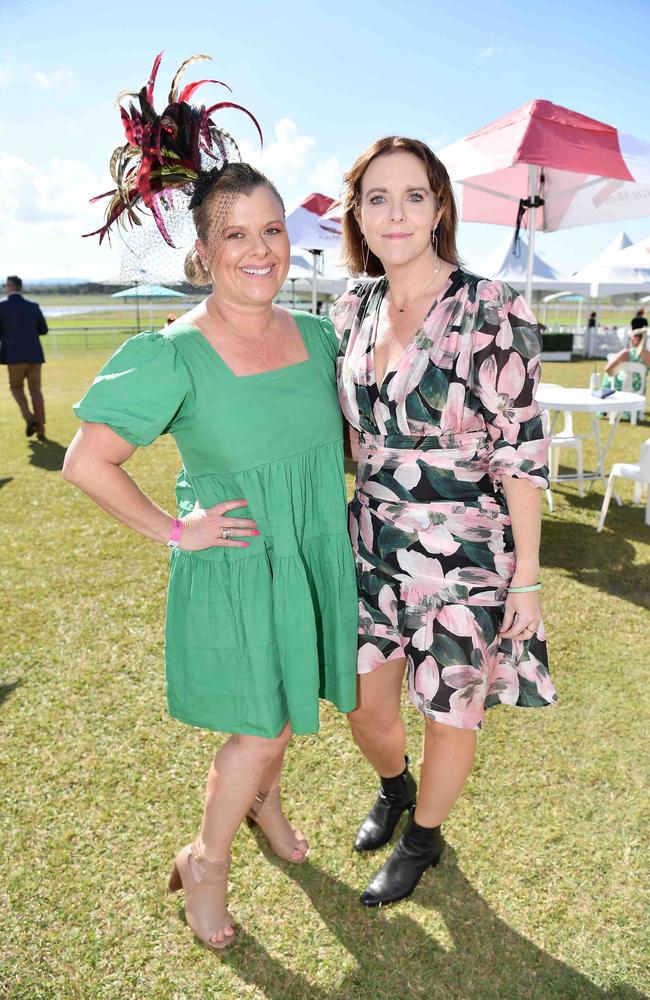 Kylie Kis and Zoe Byrne at Ladies Oaks Day, Caloundra. Picture: Patrick Woods.