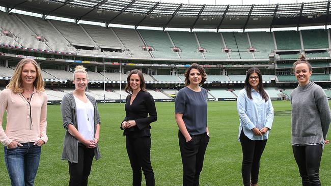 There are plenty of talented female footy broadcasters: Tiffany Cherry, Lauren Arnell, Neroli Meadows, Kelli Underwood, Sarah Faour and Daisy Pearce. Picture: Ian Currie