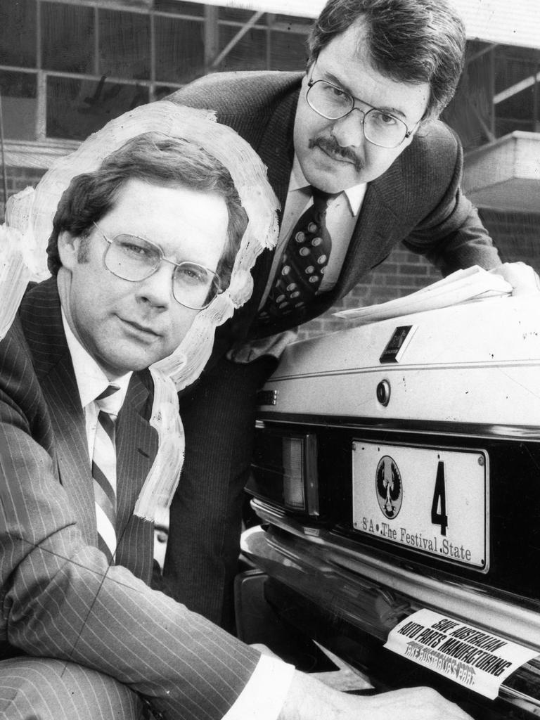 Then-Industrial Affairs Minister Dean Brown and Andrew Gwinnett at ROH Auto Products in 1981.