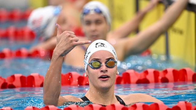 Kaylee McKeown after breaking the Commonwealth and Australian record for 100m backstroke. Picture: Delly Carr/SOPAC