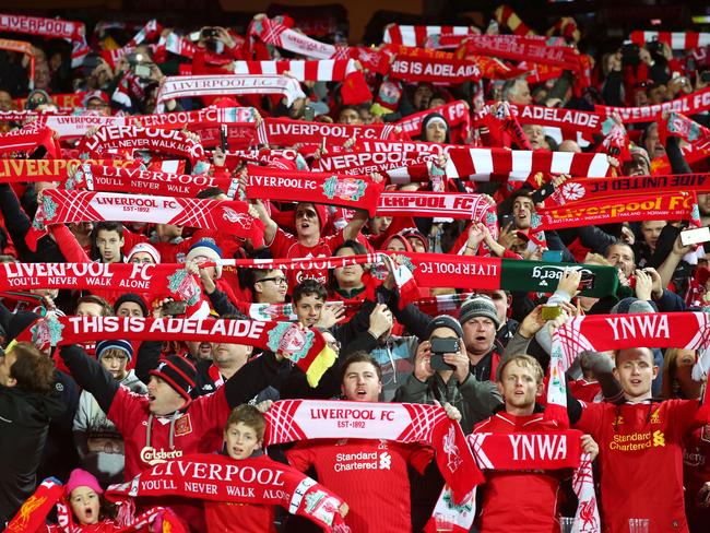 Liverpool FC fans sing You’ll Never Walk Alone before the start of the game.