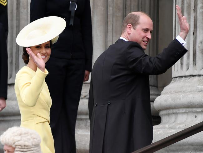 Kate Middleton and Prince William wave as they arrive at the National Service of Thanksgiving at St Paul's Cathedral. Picture: Getty Images