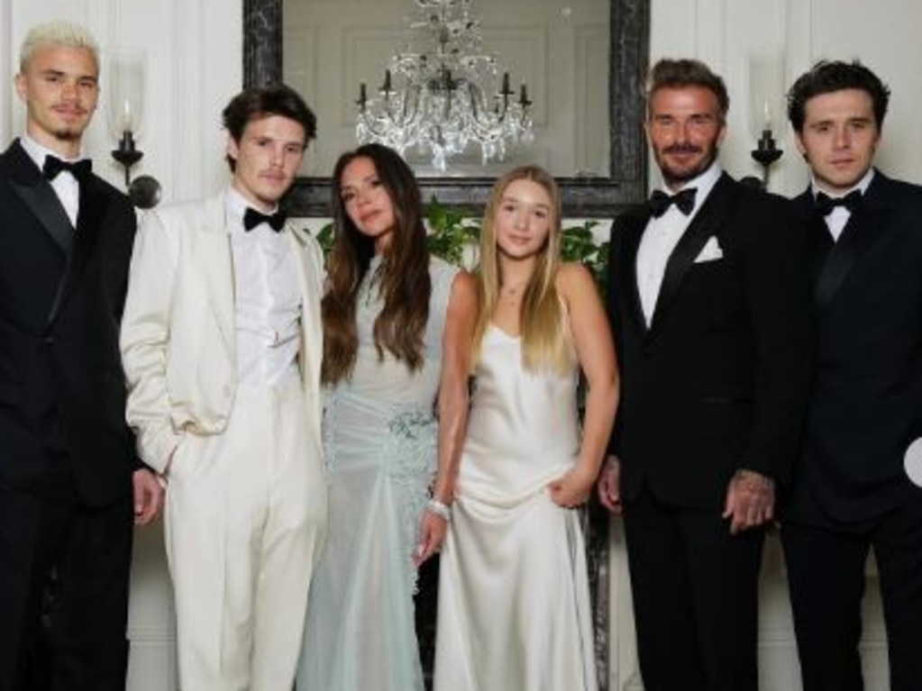 The Beckham family from far left, Romeo, Cruz, Victoria, Harper, David and Brooklyn, who is said to be feuding with his famous parents and siblings. Picture: Instagram
